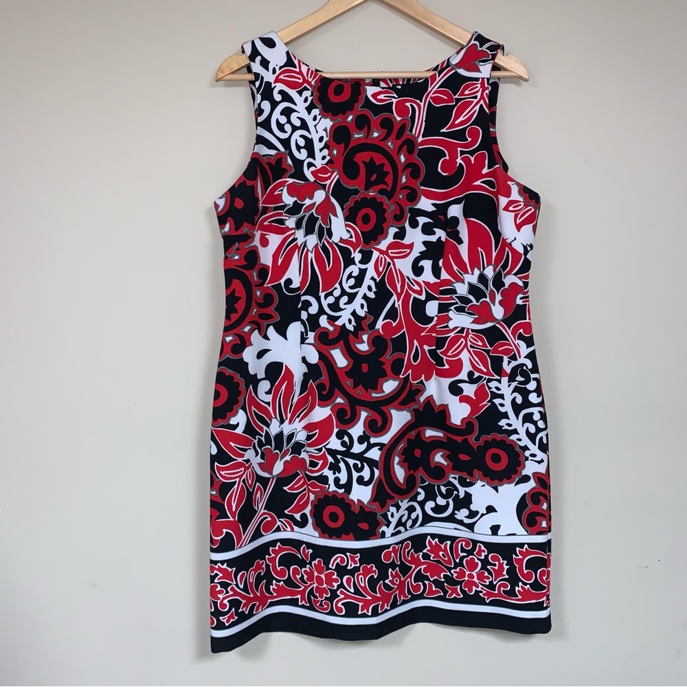 🆕 PERCEPTIONS Sheath Mini Dress 16 P Red Black White Floral Sleeveless Business